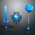 Blue Crystal Magic Weapons With Sword Shield Staff and Shiny Decorations 3d model