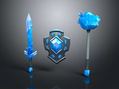 Blue Crystal Magic Weapons With Sword Shield Staff and Shiny Decorations 3d model