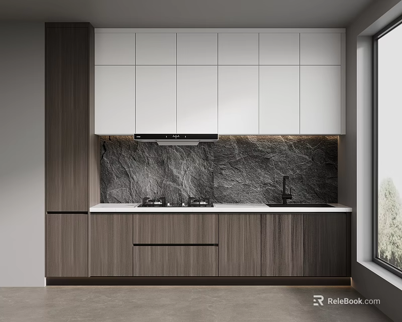 Modern Kitchen With White And Dark Wood Cabinets Marble Backsplash And Window 3d model 