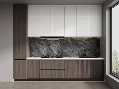 Modern Kitchen With White And Dark Wood Cabinets Marble Backsplash And Window 3d model