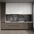 Modern Kitchen With White And Dark Wood Cabinets Marble Backsplash And Window