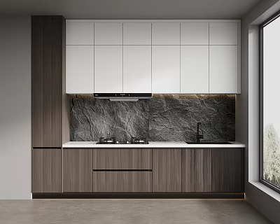 Modern Kitchen With White And Dark Wood Cabinets Marble Backsplash And Window 3d model