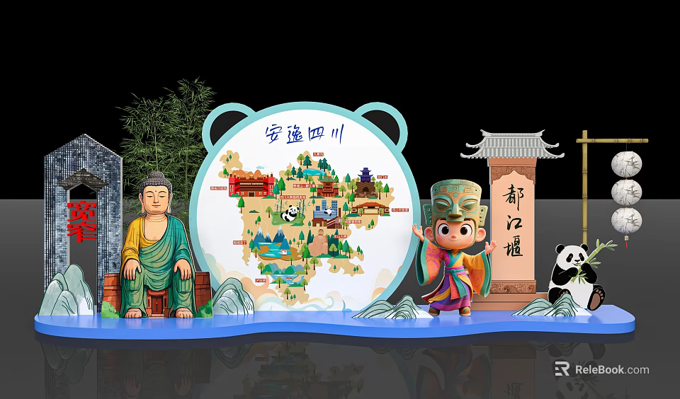 Interactive Zone Featuring Sichuan Map Panda Buddha Statue And Ancient Architecture 3d model