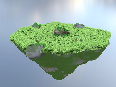 Floating Island With Lush Green Grass And Small Rocks In Sky 3d model