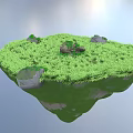 Floating Island With Lush Green Grass And Small Rocks In Sky