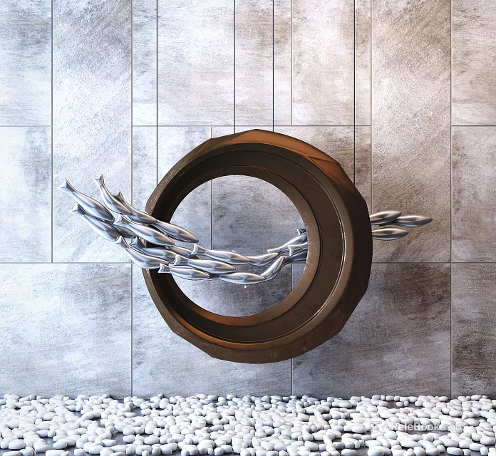 Brown Circular Pendant with Silver Streamlined Decorations on Gray Tiled Wall and White Pebbles 3d model 