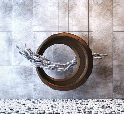 Brown Circular Pendant with Silver Streamlined Decorations on Gray Tiled Wall and White Pebbles 3d model