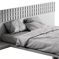 Modern Double Bed With Wooden Lattice Headboard Grey Bedspread And White Pillows