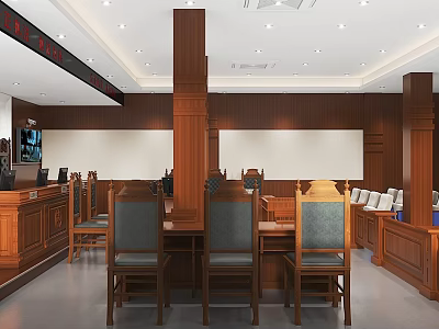 Courtroom Interior with Wooden Judge's Bench Chairs Legal Furniture and Equipment Setup 3d model