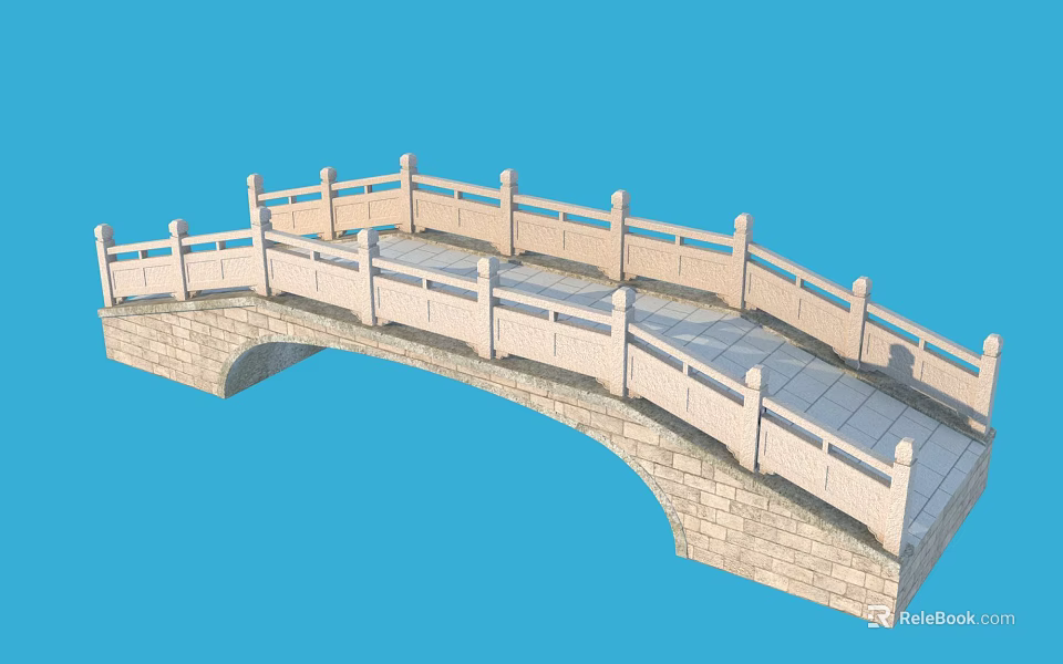 Elegant Classic Stone Arch Bridge With White Railings And Stone Surface 3d model 