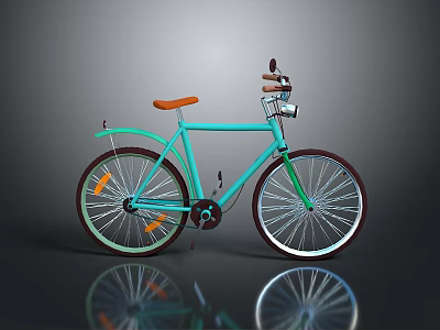 Turquoise Bicycle With Orange Seat Sleek Design And Mirror Reflection On Dark Surface 3d model