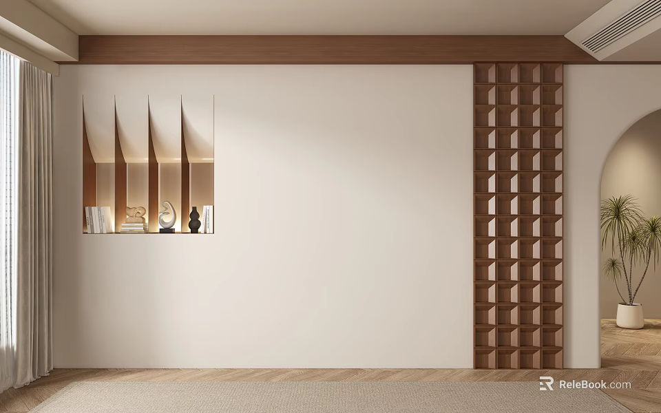 Modern Sofa Background Wall Featuring White Surface Wooden Geometric Decor Grid Panel And Lighting 3d model 