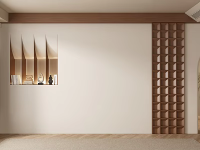 Modern Sofa Background Wall Featuring White Surface Wooden Geometric Decor Grid Panel And Lighting 3d model