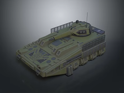 Green Armored Military Vehicle With Tracked Propulsion And Top Railing Structure 3d model