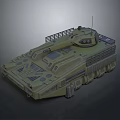 Green Armored Military Vehicle With Tracked Propulsion And Top Railing Structure