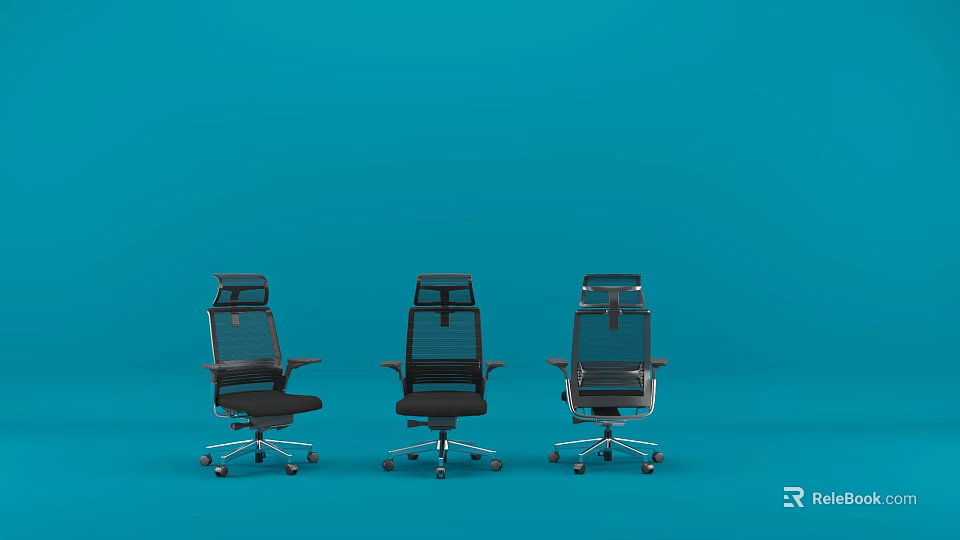 Modern Office Chairs With Mesh Back And Wheels On Blue Background 3d model 