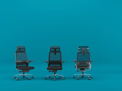 Modern Office Chairs With Mesh Back And Wheels On Blue Background 3d model