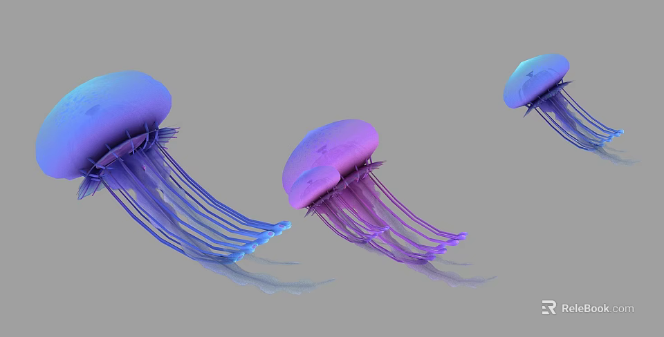 Vibrant Blue and Purple Jellyfish with Long Flowing Tentacles in Aquatic Environment 3d model 