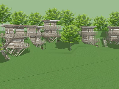 Multiple Wooden Treehouses in Natural Environment With Green Grass and Trees 3d model