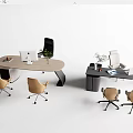 Modern Office Desk Setups Featuring Round Rectangular Designs Laptop Chairs And Green Plants 3d model