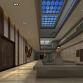 Spacious Grand Hall Interior With Glass Ceiling Water Pool And Sculptures