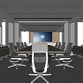 Modern Conference Room Interior With Long Wooden Table Wall Screen And Wheeled Office Chairs