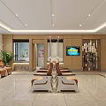 Bright Hospital Hall Interior With Marble Reception Desk Wooden Walls And Round Ceiling Light