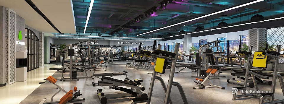 Modern Gym Interior Featuring Various Fitness Equipment Weight Machines Workout Benches and Bright Lighting 3d model 