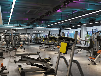 Modern Gym Interior Featuring Various Fitness Equipment Weight Machines Workout Benches and Bright Lighting 3d model