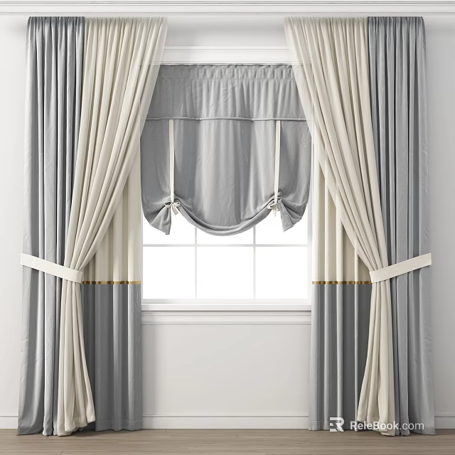 Gray And Beige Window Curtains With Tied Back Panels And Swag Valance 3d model 