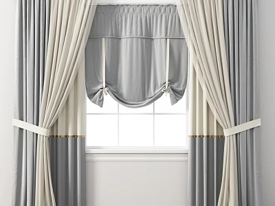 Gray And Beige Window Curtains With Tied Back Panels And Swag Valance 3d model
