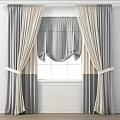 Gray And Beige Window Curtains With Tied Back Panels And Swag Valance