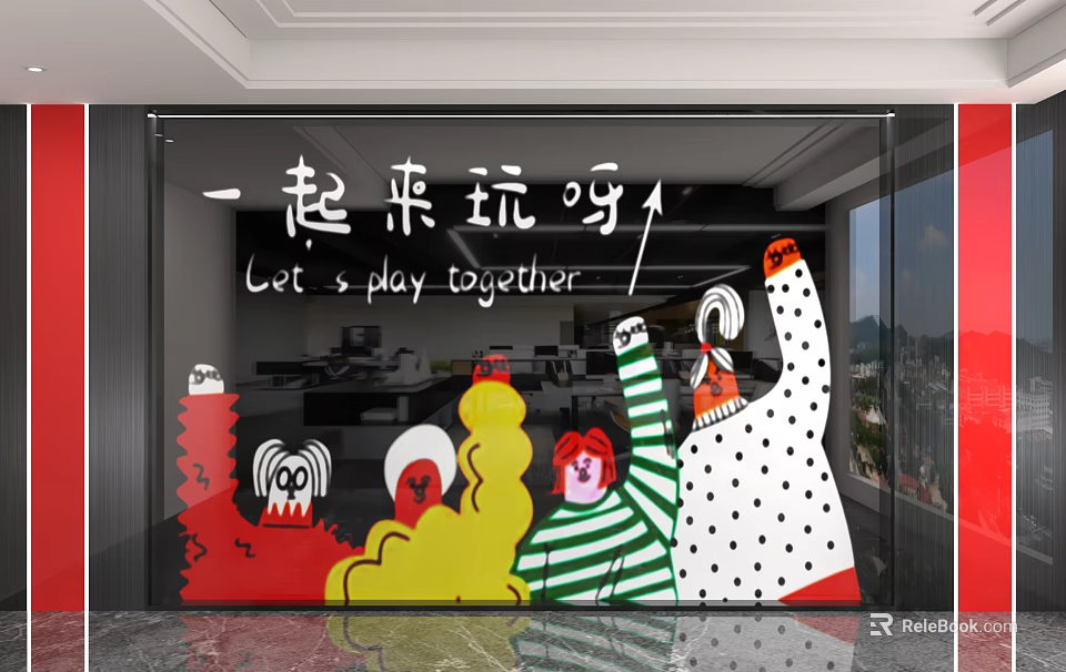 Colorful Cartoon Characters Glass Background Wall With Let's Play Together Text 3d model 