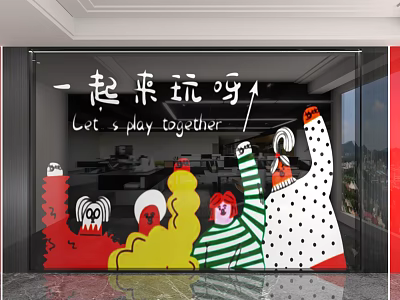 Colorful Cartoon Characters Glass Background Wall With Let's Play Together Text 3d model