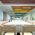 Traditional Chinese Study Room With Long Table Wooden Bookshelves And Calligraphy Scrolls