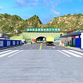 Road Facilities At Mountain Tunnel Entrance With Yellow Barriers And Double Yellow Lines