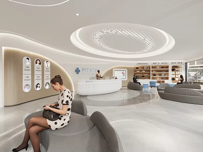 Bright Spacious Modern Hospital Outpatient Clinic with Reception Counter Gray Sofas Staff Photos and Bookshelves 3d model