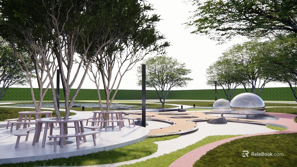 Scenic Park Landscape With Green Lawn Trees Wooden Benches Round Tables And Paved Paths 3d model 