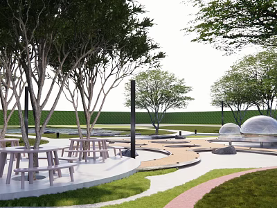 Scenic Park Landscape With Green Lawn Trees Wooden Benches Round Tables And Paved Paths 3d model