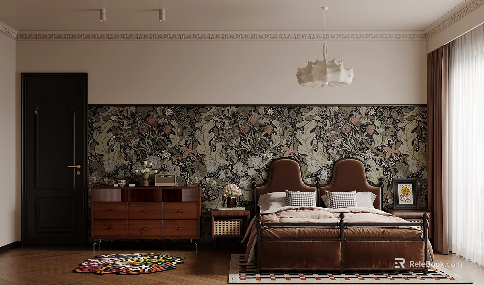 Vintage Bedroom Interior With Dark Floral Wallpaper Upholstered Bed And Wooden Dresser 3d model 