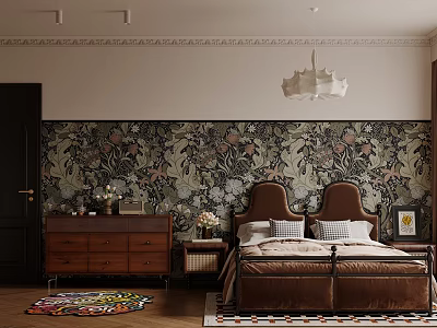 Vintage Bedroom Interior With Dark Floral Wallpaper Upholstered Bed And Wooden Dresser 3d model