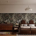 Vintage Bedroom Interior With Dark Floral Wallpaper Upholstered Bed And Wooden Dresser