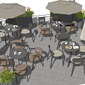 Stylish Outdoor Tables with Matching Chairs Beige Patio Umbrellas and Potted Plants on Cozy Terrace