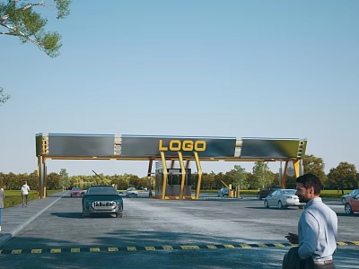 Modern Entrance Gate Featuring LOGO with Cars and People on Tree Lined Road 3d model