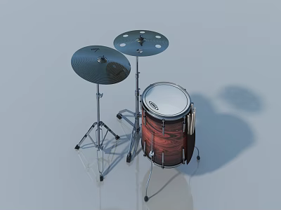 Wooden Bass Drum Set With Silver Cymbals And Metal Stands On Gray Background 3d model
