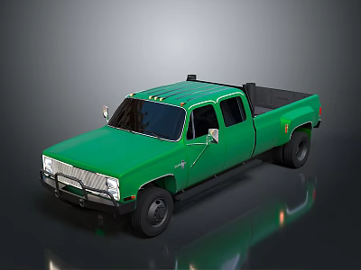 Green Crew Cab Pickup Truck With Chrome Front Grille And Black Wheels On Reflective Surface 3d model