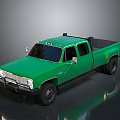 Green Crew Cab Pickup Truck With Chrome Front Grille And Black Wheels On Reflective Surface