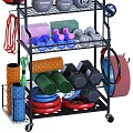 Home Gym Sports Equipment Organized On Storage Rack 3d model