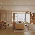 Modern Minimalist Living And Dining Room With Beige Sofa Rattan Pendant Light And Green Plants