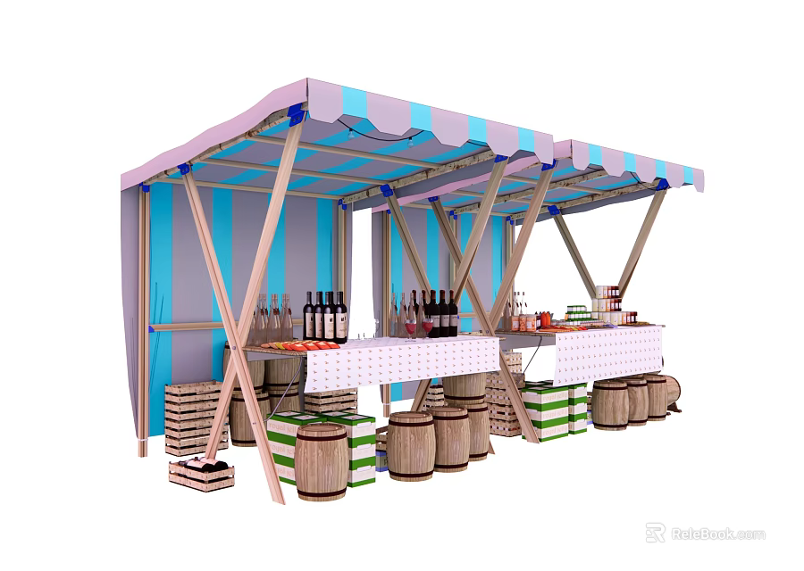 Commercial Equipment Outdoor Market Stall With Striped Canopy Counter Wooden Barrels Storage Crates And Bottles 3d model 
